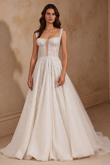 A Line Sweep Train Sparkly Sequins Ivory Wedding Dress